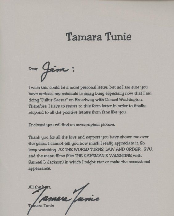 Lot 547: Law And Order SVU Tamara Tunie signed letter