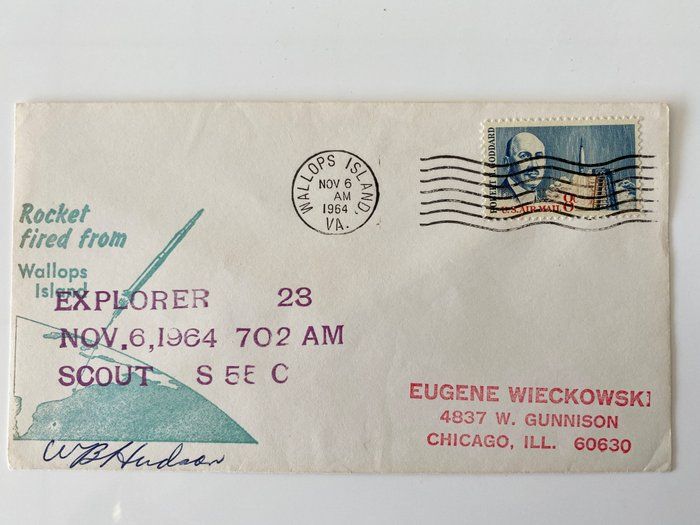 Lot 593: Explorer 23 Wallops Island 1964 Signed First Day Cover signed by W.B. Hudson