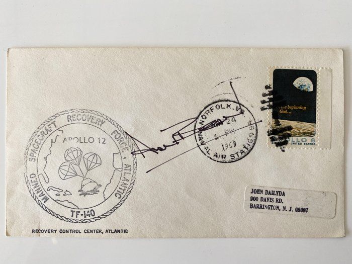 Lot 630: Apollo 12 Manned Spacecraft Recovery Force Atlantic TF-140 NORFOLK 1969 First Day Cover signed by Allen Bean