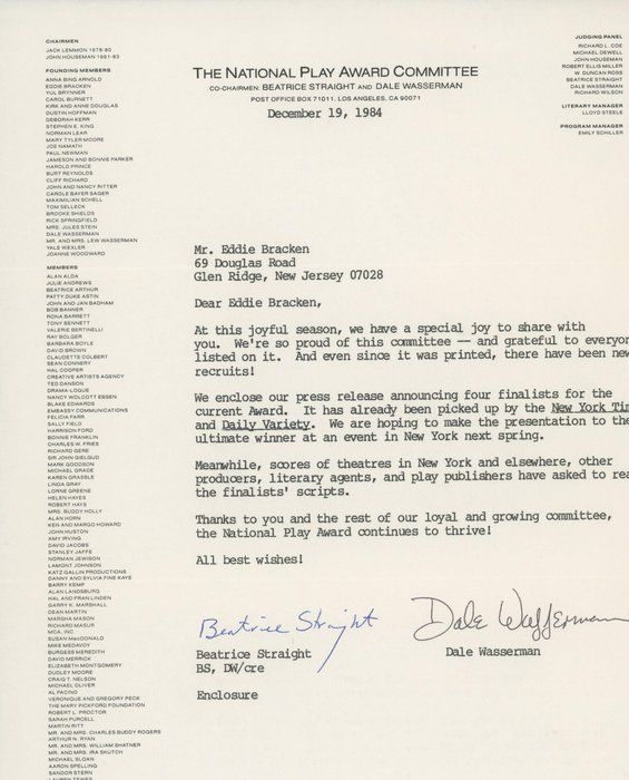 Lot 642: Beatrice Straight and Dale Wasserman signed letter