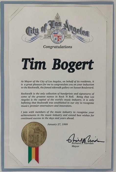 Lot 647: Vanilla Fudge founder Tim Bogert Rockwalk induction certificate
