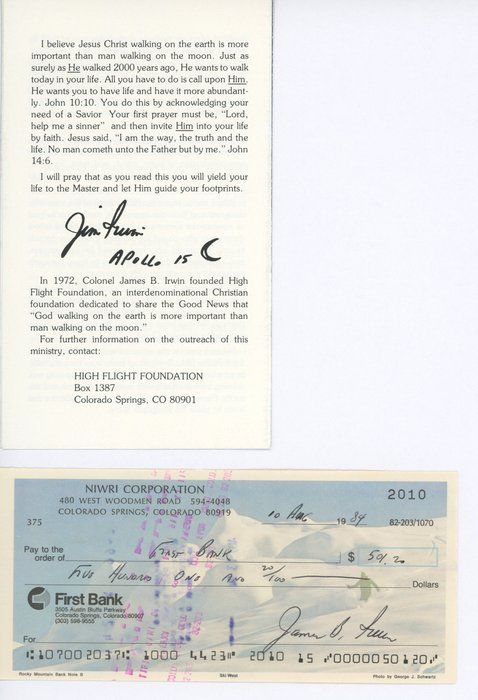 Lot 648: Jim Irwin signed check and High Flight Foundation pamphlet