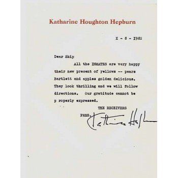 Lot 506: The African Queen Katharine Hepburn Signed Typed Stationary Letter Dear Skip AKA Lou Albano JSA Authenticated