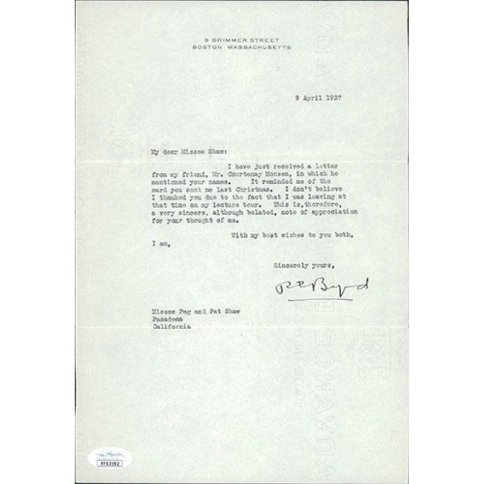 Lot 552: Polar Explorer Richard Byrd Signed Typed Letter Stationery JSA Authenticated