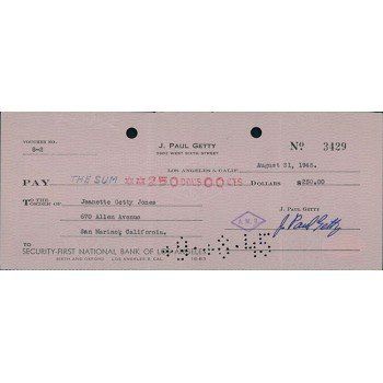 Lot 608: Oil Tycoon Jean J Paul Getty Signed Pink Cancelled Check JSA Authenticated