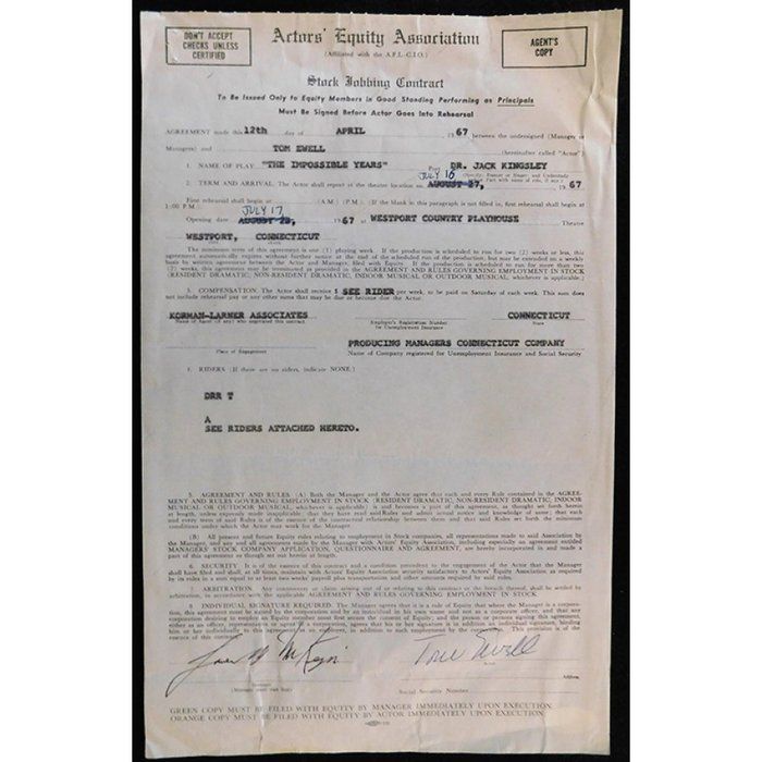 Lot 619: The Impossible Years Tom Ewell Actor Signed Contract JSA Authenticated