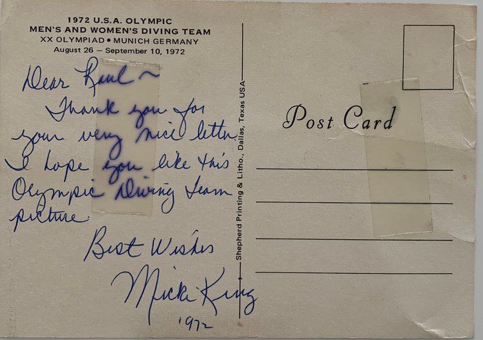 Lot 661: 1972 Olympian Micki King signed post card