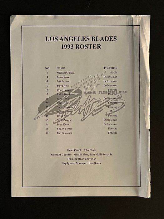 Lot 1: 1993 Los Angeles Blades Hockey Roster