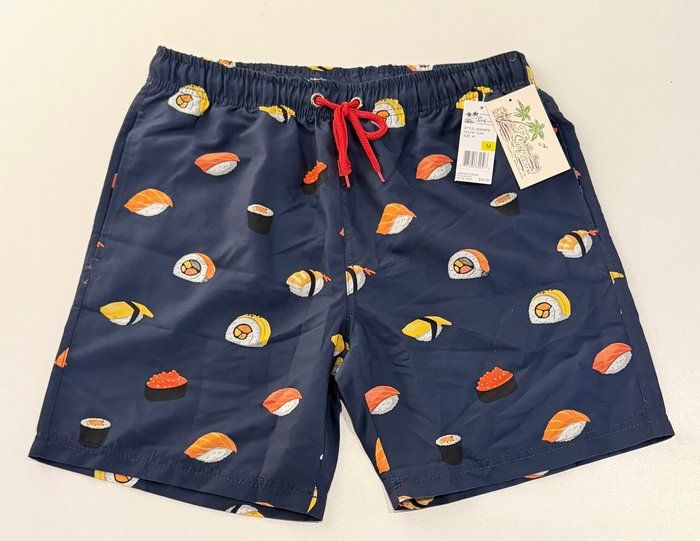 Lot 15: US Surf Club Mens Medium Sushi Swim Trunks lined. New with tags.