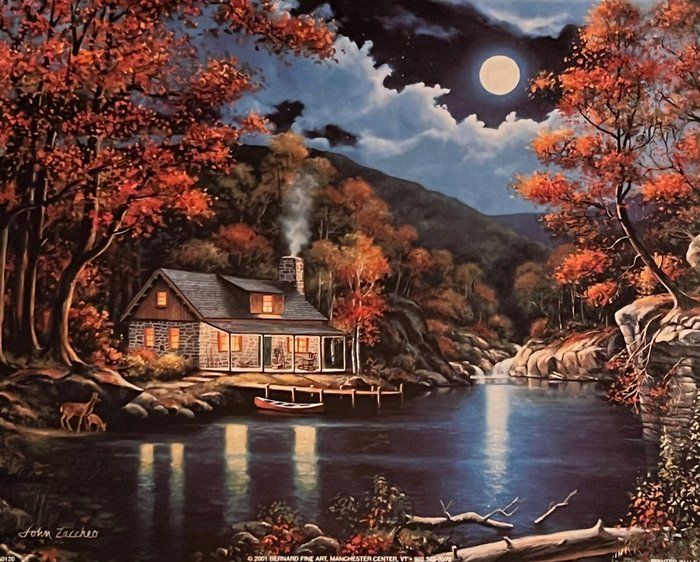 Lot 48: John Zaccheo Cabin by the River at Night Art Print