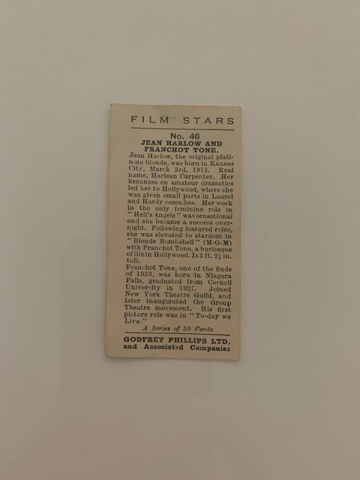 Lot 98: Jean Harlow and Franchot Tone unsigned cigarette card