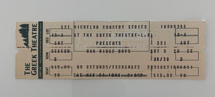 Lot 100: Oak Ridge Boys ticket Greek Theatre 05/21/83