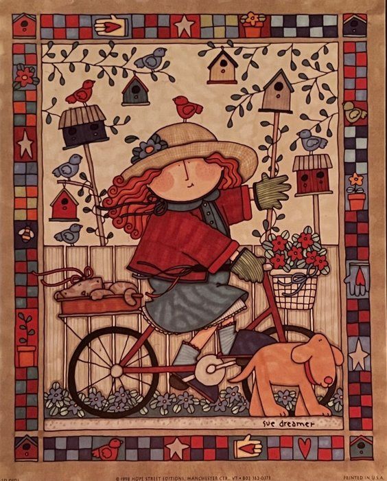 Lot 110: Sue Dreamer Folk Art Girl on a Bike Art Print