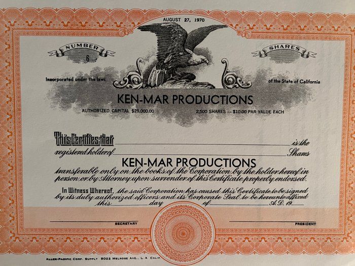 Lot 177: Ken-Mar Productions stock certificate. 8x11 inches
