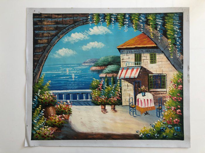 Lot 211: Seaside Restaurant Vista original painting on canvas