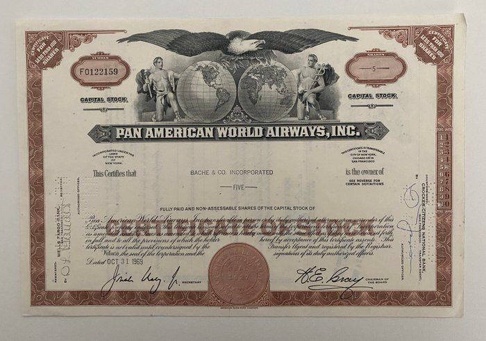 Lot 272: Pan American World Airways, INC Five Shares Certificate of Stock
