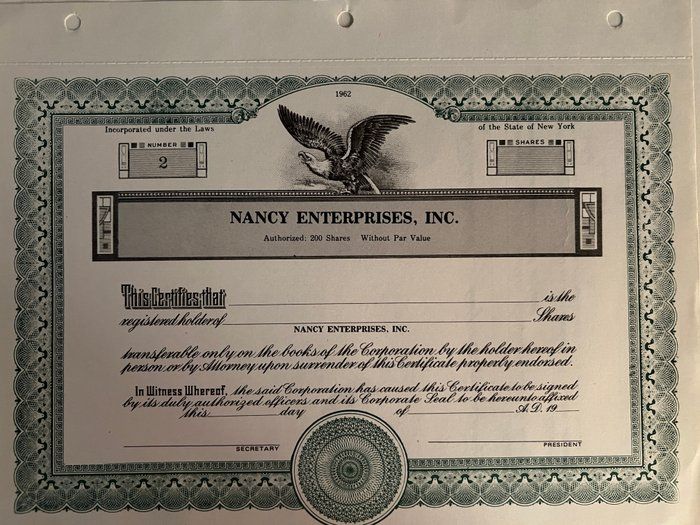 Lot 282: Nancy Enterprises stock certificate
