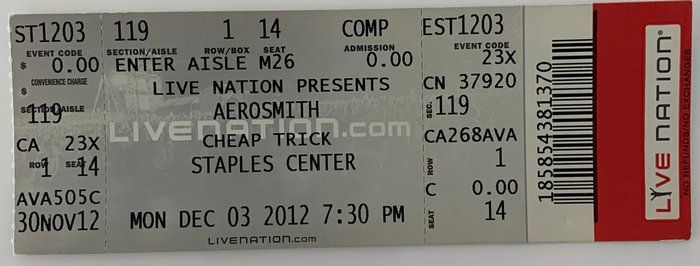 Lot 403: Aerosmith concert ticket Staples Center Dec. 12, 2012