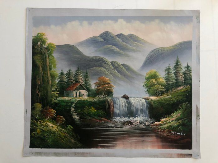 Lot 405: Mountain Cabin - Waterfall - Landscape Art