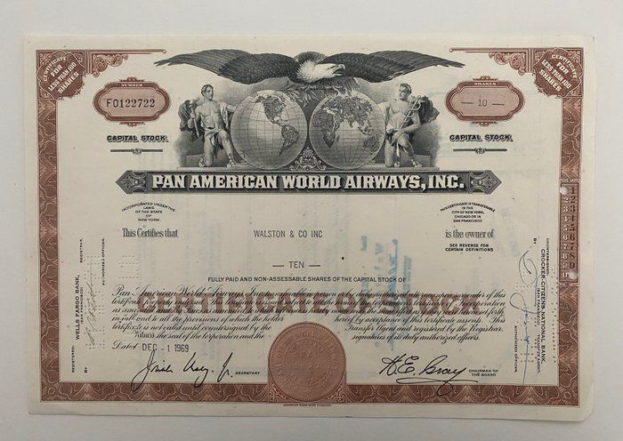 Lot 604: Pan American World Airways, INC Ten Shares Certificate of Stock