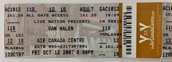 Lot 620: Van Halen concert tickets Air Canada Centre Oct. 12, 2007