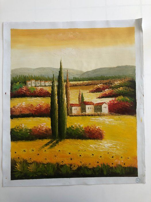 Lot 701: Tuscan Village in Summer Landscape original painting on canvas