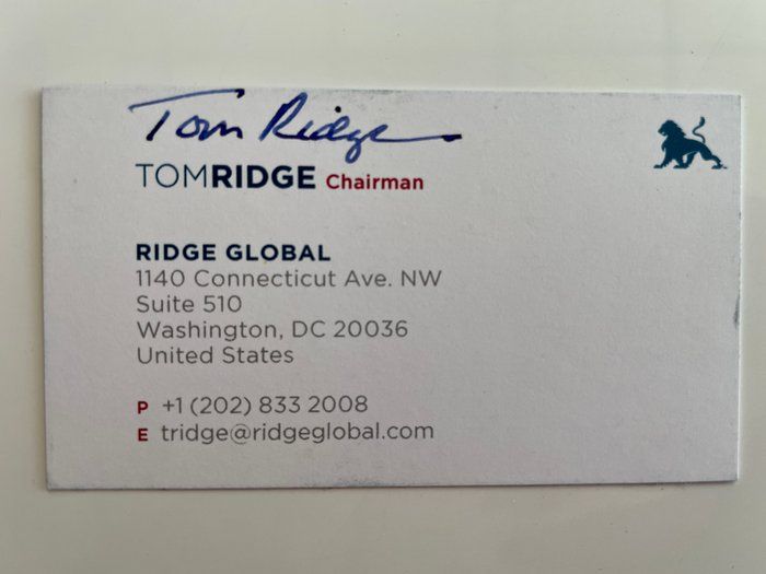 Lot 42: Former United States Secretary of Homeland Security Tom Ridge signed business card
