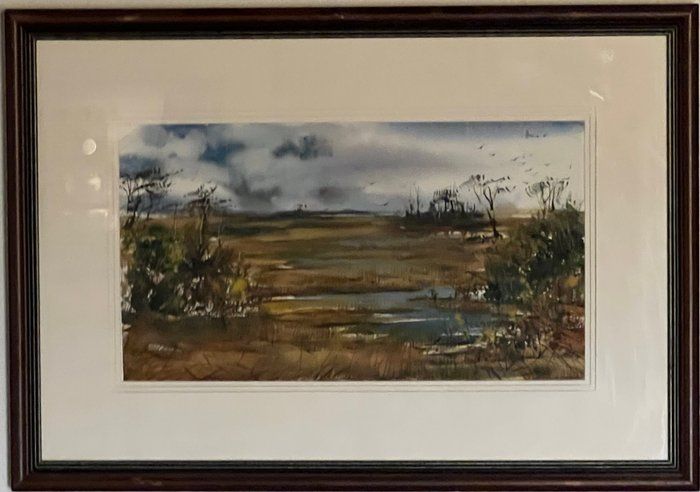Lot 206: 1987 Louis Archambault Original Watercolor – Signed & Inscribed Coastal Marsh Landscape (Galleria De Avila)