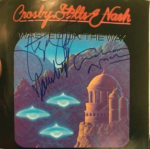 Lot 5: Crosby, Stills and Nash Wasted on the Way band signed 45 record sleeve