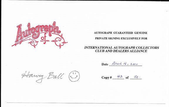 Lot 103: Smiley Face Creator Harvey Ball signed card