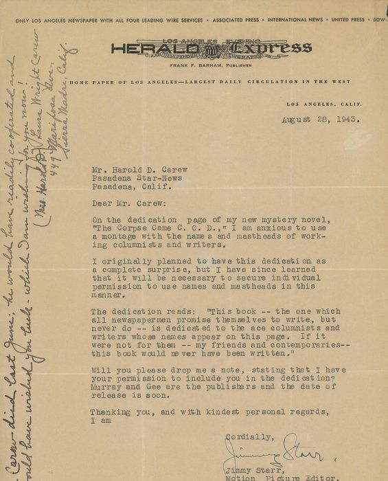 Lot 291: Screenwriter Jimmy Starr signed letter