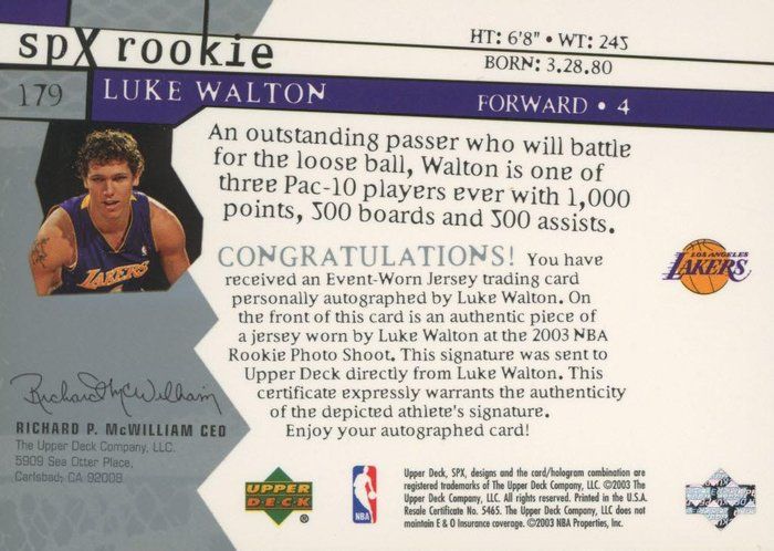 Lot 337: LA Lakers Luke Walton signed rookie card and jersey swatch