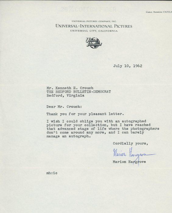 Lot 674: Marion Hargrove signed letter