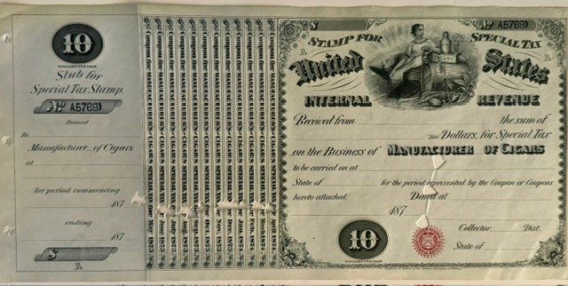 Lot 25: 1870s U.S. Internal Revenue $10 Special Tax Stamp – Manufacturer of Cigars