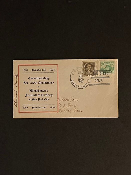 Lot 33: 1933 First Day Cover Commemorating the 150th Anniversary of Washington's Farewell to His Army at New York City