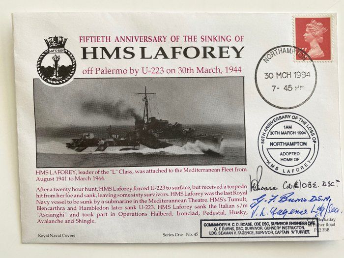 Lot 44: WWII 50th Anniversary of Sinking of HMS Laforey Signed Commemorative Cover