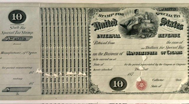 Lot 45: 1870s U.S. Internal Revenue $10 Special Tax Stamp – Manufacturer of Cigars