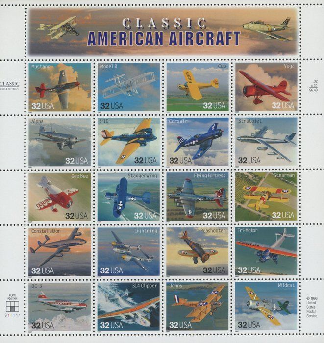 Lot 62: USPS 1997 Classic American Aircraft - Sheet of Twenty Stamps