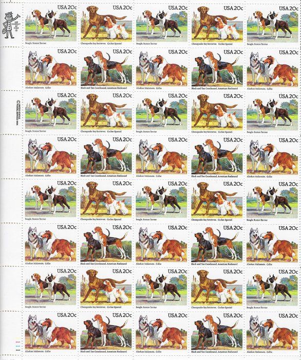 Lot 73: Classic Dog Breeds stamp sheet forty 20 cent stamps