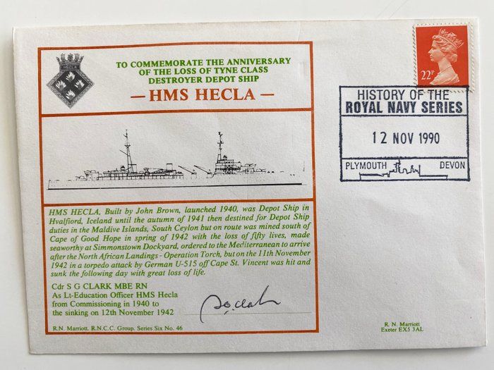 Lot 97: WWII HMS Hecla Anniversary Commemorative Cdr S G Clark Signed First Day Cover
