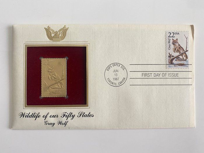 Lot 104: Wildlife of Our Fifty States Gray Wolf Gold Stamp Replica First Day Cover