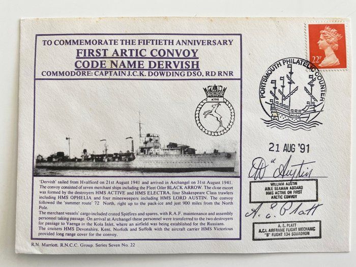 Lot 110: WWII 50th Anniversary First Arctic Convoy Dervish Commemorative Signed First Day Cover