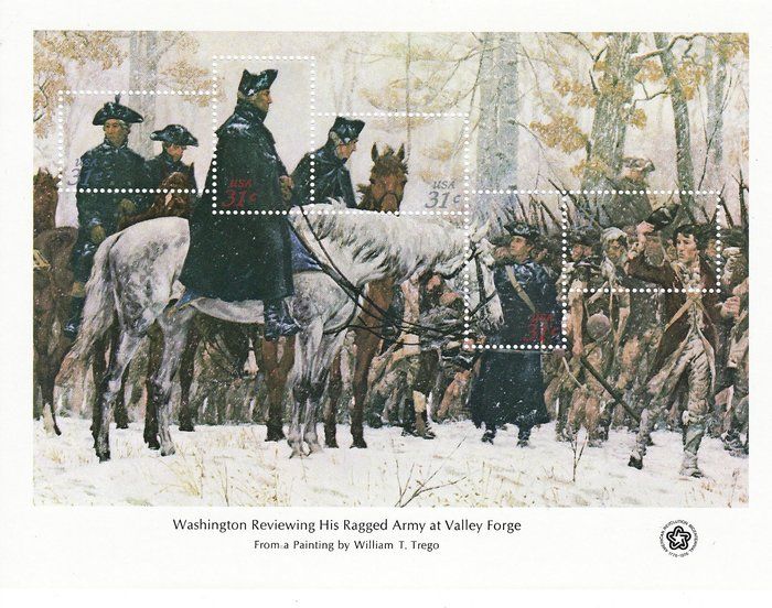 Lot 125: Washington Reviewing His Ragged Army At Valley Forge Souvenir Stamp Sheet