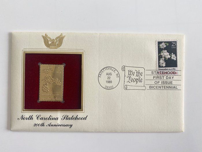 Lot 137: North Carolina Statehood 200th Anniversary Gold Stamp Replica First Day Cover