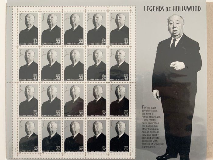 Lot 149: Alfred Hitchcock: Legends of Hollywood, Full Sheet of 20 x 32-Cent Postage Stamps, USA 1998, Scott 3226