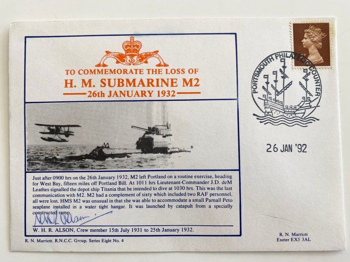 Lot 153: H.M Submarine M2 W.H. Alson Signed Commemorative Cover