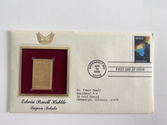 Lot 185: Edwin Powell Hubble Lagoon Nebula Gold Stamp Replica First Day Cover