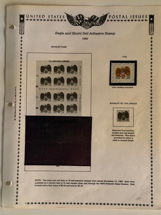 Lot 187: 1989 U.S. Eagle & Shield 25¢ Self-Adhesive Stamp Collection – Booklet Pane & Coil