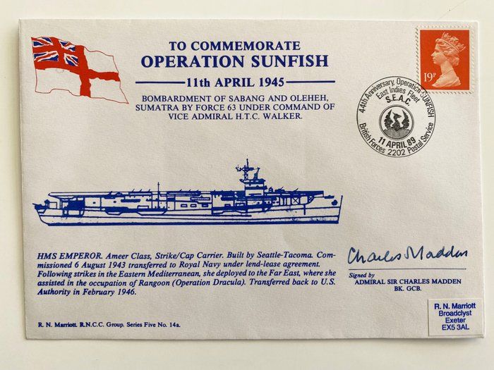 Lot 189: WWII Operation Sunfish Admiral Sir Charles Madden Signed Commemorative First Day Cover