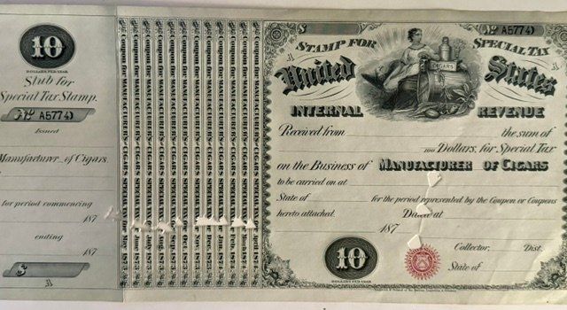 Lot 193: 1870s U.S. Internal Revenue $10 Special Tax Stamp – Manufacturer of Cigars
